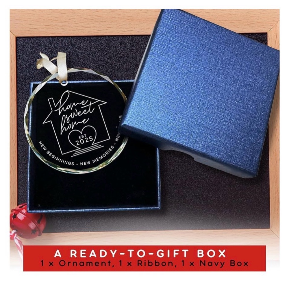 5/$30 New Home Ornament 2025 Glass Home Sweet Home Ornament with Navy Box NWT